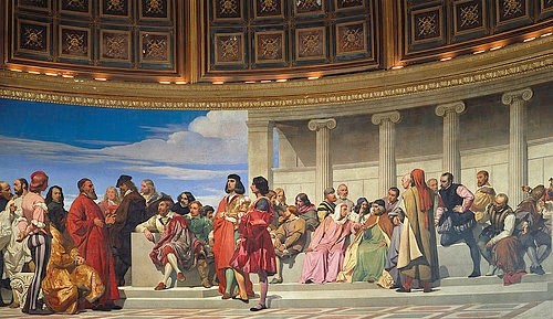 Paul Delaroche, Wandmalerei in der Akademie der schönen Künste, Paris. 1841 (Linker Teil) (Delaroche,Paul,1797-1856,Paris,Akad. der schönen Künste,Fresko,Delaroche,Paul Delaroche,Akademiemalerei,Historismus,19. Jahrhundert,Frankreich,Kunst,Künstler,Kunstgeschichte,Künstler aller Zeiten,Wolke,Akademie,Gruppe,Gruppenbild,Genies,Genie,Tempel,Ruben)