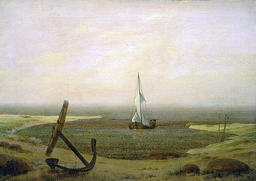 Caspar David Friedrich, Abend bei Ebbe. (Friedrich,Caspar David,1774-1840,Privatbesitz Nathan,Zürich,Caspar David Friedrich,Romantik,deutsche Romantik,19. Jahrhundert,Abend,Boot,Schiff,Segelschiff,Bucht,Anker,Hoffnung,Ebbe,Natur,Einsamkeit,Abschied,Hafen,Ankunft,Reise,Ferne,Horizont,Ufer)