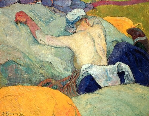 Paul Gauguin, Frau im Heu. 1888 (Gauguin,Paul,1848-1903,Privatbesitz Niarchos,Öl auf Leinwand,Gauguin,Paul Gauguin,Symbolismus,Postimpressionismus,19. Jahrhundert,Frau,Rücken,Heu,Stroh,nackt,von hinten)