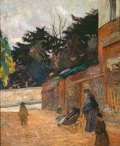 Paul Gauguin, Frau mit Kinderwagen und Kinder in einer Strasse. 1884 (Gauguin,Paul,New York,Collection Forbes,1848-1903,Paul Gauguin,Postimpressionismus,19. Jahrhundert,Straße,Frau,Kind,Kinderwagen)