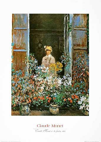 Claude Monet, Camille Monet a`la fenêtre, 1873 (Offset) (Fenster, Blumenbank, Frau, Ausblick, Blumen, Blüten, Idylle, Impressionismus, Malerei, Frankreich, Arztpraxis, Wohnzimmer, Wintergarten, bunt, Klassiker,)