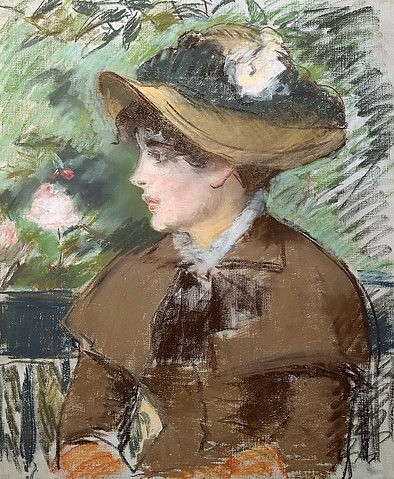 Édouard Manet, Auf der Bank. 1879. (junge Frau, Portrait, Gesicht, Profil, Hut, Skizze, Bank,  Impressionismus, Wohnzimmer, Klassiker, Wunschgröße,)