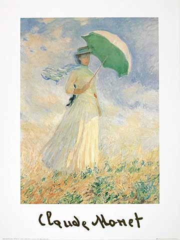Claude Monet, Donna con parasole II (Offset) (Impressionismus, Malerei, Frau, Frau mit Sonnenschirm, Wind, Landschaft, Wiese, Himmel, Wolken, Schlafzimmer, Wohnzimmer, Wintergarten, bunt, Klassiker)