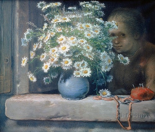 Jean-François Millet, Margeritenstrauss in blauer Vase. (Margeriten, Blumenstrauß, Stillleben, Fensternische, Frau, Nähzeug, Klassiker, Realismus, Malerei, Wunschgröße, Wohnzimmer, Esszimmer, bunt)