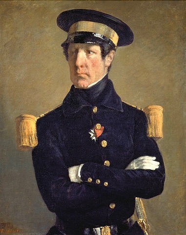 Jean-François Millet, Bildnis eines Marine-Offiziers. 1845 (Offizier, Marineoffizier, Portrait, Mann, Kopfbedeckung, Kappe, Orden, Handschuhe, edel, Eleganz, Wunschgröße, Klassiker, malerei, Treppenhaus, bunt)