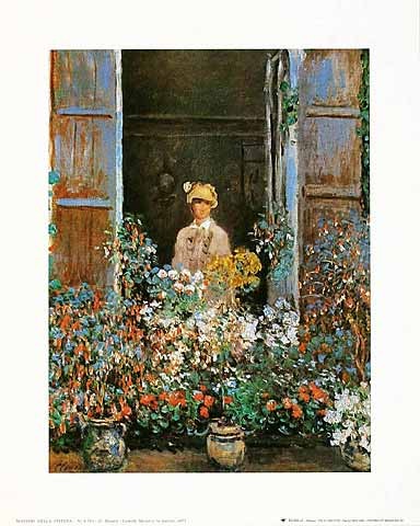 Claude Monet, Camille Monet a`la fenêtre, 1873 (Offset) (Fenster, Blumenbank, Frau, Ausblick, Blumen, Blüten, Idylle, Impressionismus, Malerei, Frankreich, Arztpraxis, Wohnzimmer, Wintergarten, bunt, Klassiker,)