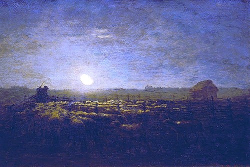 Jean-François Millet, Schafweide bei Sonnenuntergang. 1872/73 (Landschaft, Landschaftsmalerei, Sonnenuntergang, Schafe, Schafherde, Weide, Abend, Hirte, Schäfer, Bauerngenre, Dämmerung, Realismus, Malerei, Wohnzimmer, Klassiker, Wunschgröße, bunt)