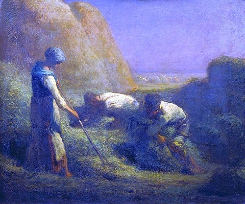 Jean-François Millet, Bei der Heuernte. 1850 (Ernte, Heu, Heuernte, Magd, Knecht, Bauerngenre, Landarbeit, Feldarbeit, Realismus, Malerei, Wohnzimmer, Klassiker, Wunschgröße, bunt)