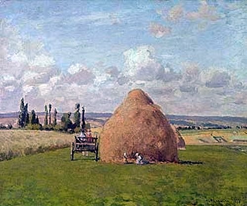 Camille Pissarro, Strohhaufen in Pontoise. 1873. (Paris,Sammlung Durand-Ruel,Pissarro,Camille,1830-1903,Camille Pissarro,Impressionismus,französischer Impressionismus,19. Jahrhundert,Stroh,Strohhaufen,Ernte,Pontoise,Sommer,Pferdewagen,Feld,Wiese)