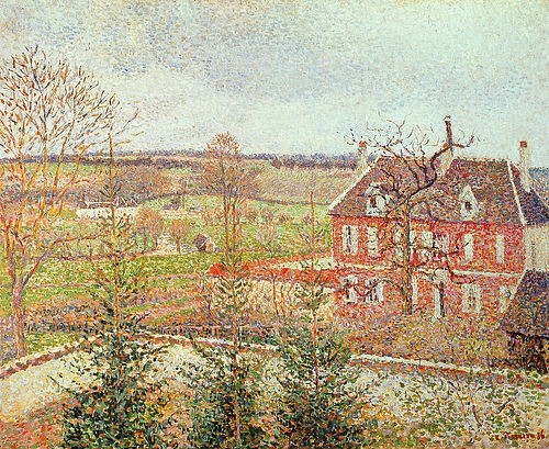 Camille Pissarro, Blick aus dem Fenster des Ateliers auf die Taubstummenanstalt. 1886. (Paris,Sammlung Durand-Ruel,Pissarro,Camille,1830-1903,Camille Pissarro,Impressionismus,französischer Impressionismus,19. Jahrhundert,Gebäude,Haus,Garten,Land,Taubstummenanstalt,taubstumm,Anstalt,Herbst)