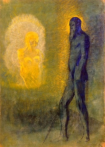 Odilon Redon, Die Erscheinung. (Wunschgröße, klassische Moderne, Symbolismus, Figurativ, Erscheinung, Mann, Lichtwesen, Vision, Treppenhaus, Wohnzimmer, Malerei, bunt)