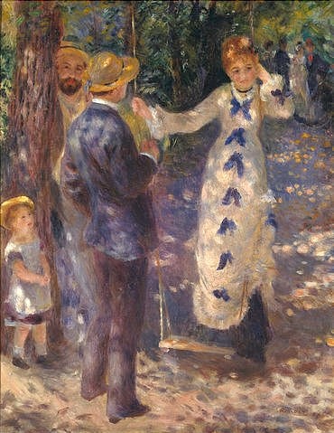 Pierre-Auguste Renoir, Auf der Schaukel. 1876 (Park, Personen, Frau, Kind, Männer, Gesellschaft, Freizeit, Schaukel, Sommer, Spaß, Spiel, Impressionismus, klassische Moderne, Wunschgröße, Wohnzimmer, Malerei)