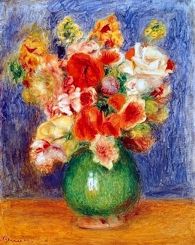 Pierre-Auguste Renoir, Blumenstrauss in grüner Vase. (Stillleben, Blumen, Blüten, Blumenstrauß, grüne Vase, Sommerstrauß, Impressionismus, klassische Moderne, Wunschgröße, Wohnzimmer, Esszimmer, Treppenhaus, Malerei)