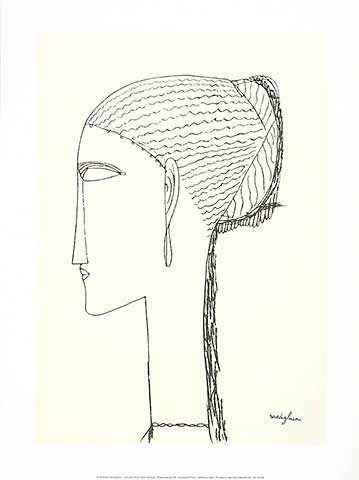 Amedeo Modigliani, Female Head with Earring (Portrait,frontal, antikisierend, Frau, Studie, Expressionismus, klassische Moderne, Zeichnung, Wohnzimmer, Treppenhaus, schwarz/weiß)