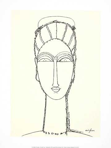 Amedeo Modigliani, Female Face (Portrait,frontal, antikisierend, Frau, Studie, Expressionismus, klassische Moderne, Zeichnung, Wohnzimmer, Treppenhaus, schwarz/weiß)