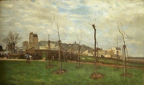 Alfred Sisley, Blick von Batignolles auf Montmartre. 1869 (Öl auf Leinwand,Privatbesitz Ginette Signac,1839-1899,Sisley,Alfred,Sisley,Alfred Sisley,Impressionismus,Realismus,19. Jahrhundert,Landschaft,Stadt,Kleinstadt,Batignolles,Montmartre,Frankreich,bewölkt,Wolken,Baumgruppe,kahl,kahle Bäume,bedeckt,bedeckter H)