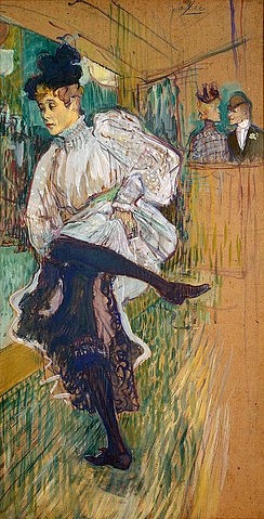 Henri de Toulouse-Lautrec, Jane Avril tanzend. 1891. (Toulouse-Lautrec,Henri de,Paris,Musée d'Orsay,1864-1901,Öl/Karton,Henri de Toulouse-Lautrec,Postimpressionismus,Art Nouveau,19. Jahrhundert,Tanz,Bewegung,Kneipe,Bar,Jane Avril,Tänzerin,Nachtleben,Stadt,Frau)