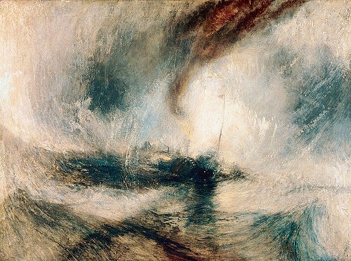 Joseph Mallord William Turner, Schneesturm über dem Meer. 1842 (Turner,Joseph Mallord William,1775-1851,London,Tate Gallery,Öl auf Leinwand,Turner,Joseph Mallord William Turner,Freilichtmalerei,19. Jahrhundert,Sturm,Schnee,Schneesturm,Meer,Natur,Naturgewalt,Element,Elemente,Wasser,Seenot,Wirbel,Wirbelsturm,Tornado,Bew)