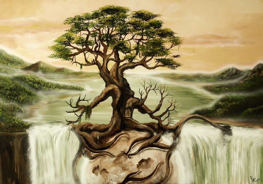 Conny Krakowski, Fest verwurzelt (Surrealismus, Traum, Magie, Esoterik, Baum, Traumbaum,Lebensbaum,Geburt,Leben,Sterben,Wege, Lebensweg, Phantasie,Fantasie,Realismus,Malerei,Gemläde,detaiiert,Traumbild,Traumlandschaft,Landschaftsmalerei,Träumerei,Wasserfall,Berge,Wolken,)