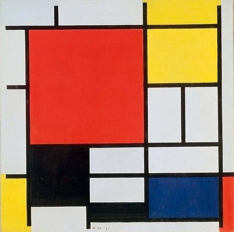 Piet Mondrian, Komposition mit Rot, Gelb, Blau und Schwarz. 1921 (Malerei, Klassische Moderne, Konstruktivismus,  Neoplastizismus, geometrische Felder, Rechtecke, Raster, Wohnzimmer, Büro, Schlafzimmer, Arztpraxis, Wunschgröße, bunt)