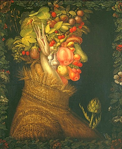 Giuseppe Arcimboldo, Der Sommer. 1573 (Wunschgröße, Gesicht, Portrait, Früchte, Gemüse, Ähren, Jahreszeit, Personifizierung, bizarr, Manierismus, Allegorie, Figurativ, Klassiker, Wohnzimmer, Esszimmer, bunt)