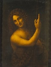 Leonardo da Vinci, Johannes der Täufer. 1513/16 (Johannes der Täufer, Prophezeiung, Zeigefinger, Fingerzeig, Lächeln, Fell, Religion, Neues Testament, Landschaft, Schlafzimmer, Wohnzimmer, Wunschgröße, Renaissance, Malerei, Klassiker)