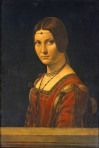 Leonardo da Vinci, Bildnis einer Dame des Mailänder Hofes (La belle Ferroniere). 1495-99. (Portrait, junge Frau,  Stirnreif, Schönheit, Mätresse, Hofdame, Treppenhaus, Wohnzimmer, Wunschgröße, Renaissance, Malerei, Klassiker)