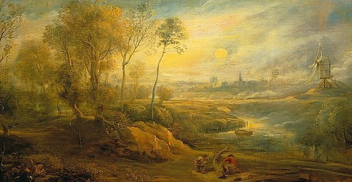 Peter Paul Rubens, Landschaft mit Vogelfänger. 1638-40. (Paris,Musée du Louvre,Rubens,Peter Paul,1577-1640,Holz,Peter Paul Rubens,Barock,flämischer Barock,17. Jahrhundert,Landschaft,Vogelfänger,Jagd,Windmühle,Sonnenaufgang,Sonnenuntergang,Netz,Dämmerung)