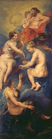 Peter Paul Rubens, Medici-Zyklus: Die drei Parzen spinnen den Lebensfaden des ungeborenen Kindes. 1621-25 (17. Jahrhundert,Lwd.,1577-1640,Rubens,Peter Paul,Paris,Musée du Louvre,Peter Paul Rubens,Barock,flämischer Barock,17. Jahrhundert,Medici-Zyklus,Parzen,Leben,Lebensfaden,Faden,Zeus,Hera,Ehe,Familie,Geburt,Schwangerschaft,Maria de Medici,Schicksal)