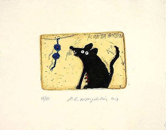 Waydelich Raymond Hotel Kreta (Souris) (Aquagravure, handsigniert) (Modern, figurativ, Fantasie, surreal, Ratte, BH, Grafik, malerei, Original, signiert, Wohnzimmer,)