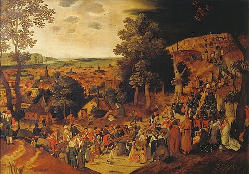 Pieter BRUEGHEL DER Jüngere, Christus trägt das Kreuz auf den Kalvarienberg. (Florenz,Galleria degli Uffizi,Brueghel d.J.,Pieter,um 1564-1638,Öl auf Holz,golgota,golgatha,Berg,Flamen,Kalvarienberg,Pieter Brueghel d.J.,Weg,Brueghel,Kreuz,Holland,17. Jahrhundert,Christus,auf dem Weg,flämisch,tragen,Golgatha,Landschaft,Menge,Volksmeng)