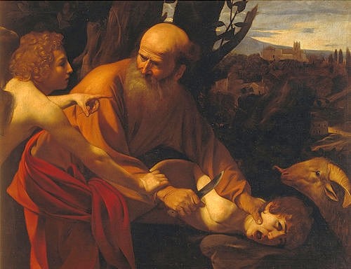 Michelangelo Merisi da Caravaggio, Die Opferung Isaacs. (Opfer, Sohn, Vater, Messer, Engel, Menschenopfer, Altes Testament, Bibel, Isaak, Christentum,  Religion,  Hell-Dunkel, Barock, Klassiker, Malerei, Wunschgröße, Wohnzimmer)