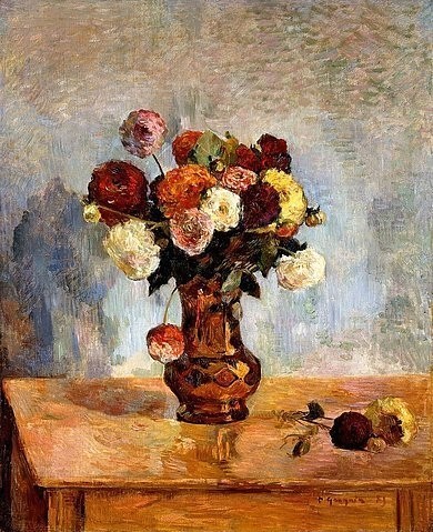 Paul Gauguin, Les Dahlias. / Dahlien. 1885. (Gauguin,Paul,1848-1903,Christie's Images Ltd,Öl/Holz,Paul Gauguin,blumen,dahlien,blumenstrauß,impressionismus,impressionistisch,französisch,vase,tisch,stillleben,blühend,sonnig,farbenfroh)