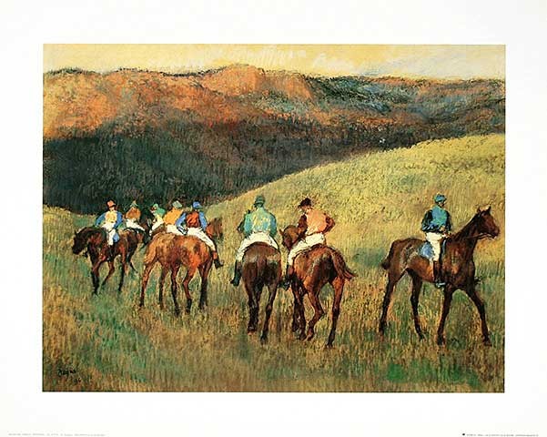 Edgar Degas, Rennpferde in der Landschaft (Offset) (Pferde, Reitgesellschaft, Pferderennen, Jockeys, Gelände, Reiter,  Landschaft, Impressionismus, Klassiker, Treppenhaus, Wohnzimmer, Arztpraxis, bunt)