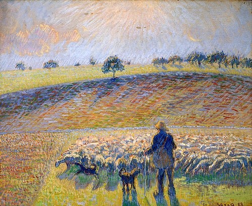 Camille Pissarro, Schafhirte mit Herde (Berger avec Moutons). 1888 (Impressionismus,19. Jahrhundert,Wasserfarben/Lwd.,1830-1903,Pissarro,Camille,Christie's Images Ltd,Camille Pissarro,Leimfarbe,Impressionismus,französischer Impressionismus,Pointillismus,19. Jahrhundert,Jahrhundertwende 1900,Schaf,Schafhirte,Hund,Rückenfig)