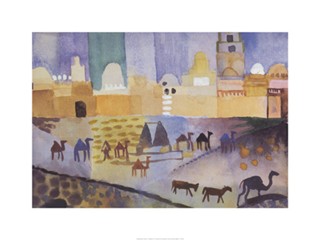 August Macke, Kairouan I (groß) (Offset) (Malerei, Expressionismus, Orient, Tunesien, Landschaft, Kamele, Architektur, Stadt, Tunisreise, Afrika, Wohnzimmer, Treppenhaus, Arztpraxis, Klassische Moderne, bunt)