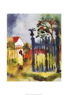 August Macke, Gartentor, 1914 (Offset) (Malerei, Expressionismus, Garten, Pflanzen, Tor, Zaun, Aquarell, Wohnzimmer, Treppenhaus, Wintergarten, Klassische Moderne, bunt)