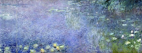 Claude Monet, Linkes Mittelteil des großen Seerosenbildes im Musée de l`Orangerie. (Monet,Claude,1840-1926,Paris,Musée de l'Orangerie,Seerosen,Nympheas,Claude Monet,Impressionismus,französischer Impressionismus,Spätimpressionismus,20. Jahrhundert,Teich,See,Wasserspiegelung,Spiegelung,Seerose,Himmel,Ufer,linkes Mittelteil,Musée de l`Orang)