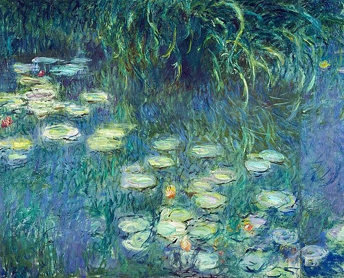 Claude Monet, Linker Teil des großen Seerosenbildes im Musée de l'Orangerie. (Monet,Claude,1840-1926,Paris,Musée de l'Orangerie,20. Jahrhundert,Claude Monet,Impressionismus,französischer Impressionismus,Teich,See,Wasserspiegelung,Spiegelung,Seerose,Seerosen,Ufer,Musée de l`Orangerie,blau,Morgen)