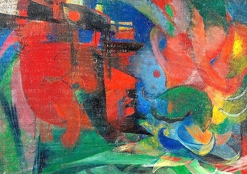 Franz Marc, Abstrakte Formen II. 1914 (Öl auf Leinwand,Münster,LWL-Museum für Kunst und Kultur<br>Westfälisches Landesmuseum,1880-1916,Marc,Franz,Franz Marc,Expressionismus,deutscher Expressionismus,20. Jahrhundert,Blauer Reiter,abstrakte Kunst,bunt,rot,Kampf,Bewegung)