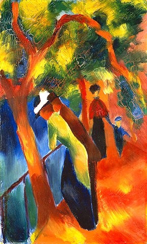 August Macke, Sonniger Weg. 1913 (Macke,August,1887-1914,Münster,LWL-Museum für Kunst und Kultur<br>Westfälisches Landesmuseum,Öl/Pappe,August Macke,Expressionismus,deutscher Expressionismus,20. Jahrhundert,Blauer Reiter,Weg,Spaziergang,Paar,Baum,rot,Licht,sonnig,Spaziergänger)