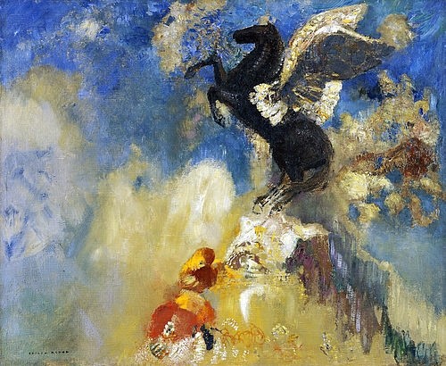 Odilon Redon, Der schwarze Pegasus. 1909/1910 (Symbolismus, Figurativ, schwarzer Pegasus, Kraft, Energie, aufbäumen, Fabelwesen, Mythologie, Treppenhaus, Wohnzimmer, Wunschgröße, klassische Moderne, Malerei, bunt)