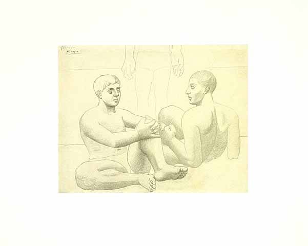 Picasso Pablo Zwei Badende, 1921 (Frequenzmodulierte Rastertechnik) (Klassische Moderne, Zeichnung, figurativ, Badende, Nackte,  archaisch, Schlafzimmer, schwarz / weiß)
