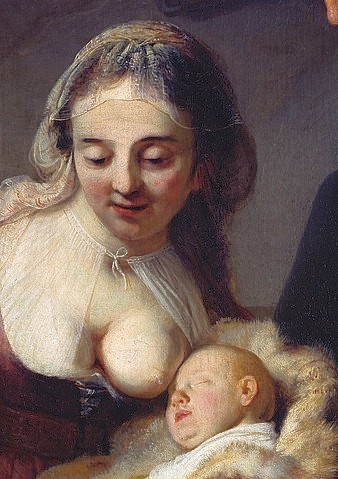 Rembrandt van Rijn, Die hl. Familie - Detail: Kopf der Maria (München,Alte Pinakothek,Rembrandt van Rijn,1606-1669,Rembrandt van Rijn,17. Jahrhundert,Barock,Hochbarock,Niederlande,niederländisch,Holland,holländisch,Familie,Hl. Familie,Maria,Detail,Kopf,Baby,Kleinkind,Schleier,Bluse,Hemd,Brust,Maria lactans,schlafen,)
