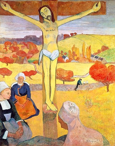 Paul Gauguin, Der gelbe Christus. 1889 (Gauguin,Paul,1848-1903,Buffalo,Albright-Knox Gallery,Paul Gauguin,Symbolismus,Postimpressionismus,synthetischer Symbolismus,19. Jahrhundert,Kreuzigung,Landschaft,gelber Christus,Tracht,bretonische Tracht,Bretagne,Frauen,Kreuzigungsgruppe,Christus am Kreuz)