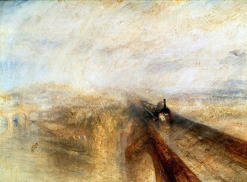 Joseph Mallord William Turner, Regen, Dampf und Geschwindigkeit (The great Western Railway). 1844 (London,National Gallery,Turner,Joseph Mallord William,1775-1851,Öl auf Leinwand,Turner,Joseph Mallord William Turner,Freilichtmalerei,Romantik,Pleinairmalerei,19. Jahrhundert,Regen,Geschwindigkeit,Bewegung,Eisenbahn,Technik,braun,Dampf,Great Western Railw)