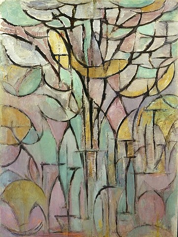 Piet Mondrian, Bäume. 1912 (Den Haag,Gemeentemuseum,Mondrian,Piet,1872-1944,Piet Mondrian,Postexpressionismus,20. Jahrhundert,Baum,Blatt,Wurzel,rot,blau,grün,Kubismus,Wald,abstrakt,Farbfeld)