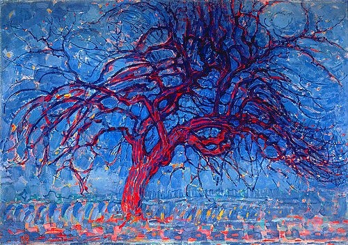 Piet Mondrian, Der rote Baum. 1908 (Den Haag,Gemeentemuseum,Mondrian,Piet,1872-1944,Öl auf Leinwand,20. Jahrhundert,Mondrian,Piet Mondrian,Baum,blau,Äste,De Stijl,Frühwerk,symbolisch)