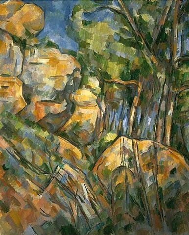 Paul Cézanne, Felsenlandschaft in der Nähe der Grotte im Park des Château-Noir. Um 1904. (Cézanne,Paul,1839-1906,Paris,Musée d'Orsay,Paul Cézanne,Postimpressionismus,20. Jahrhundert,Landschaft,Fels,Stein,Natur,Wald,Park,Château-Noir,impressionismus,französisch)
