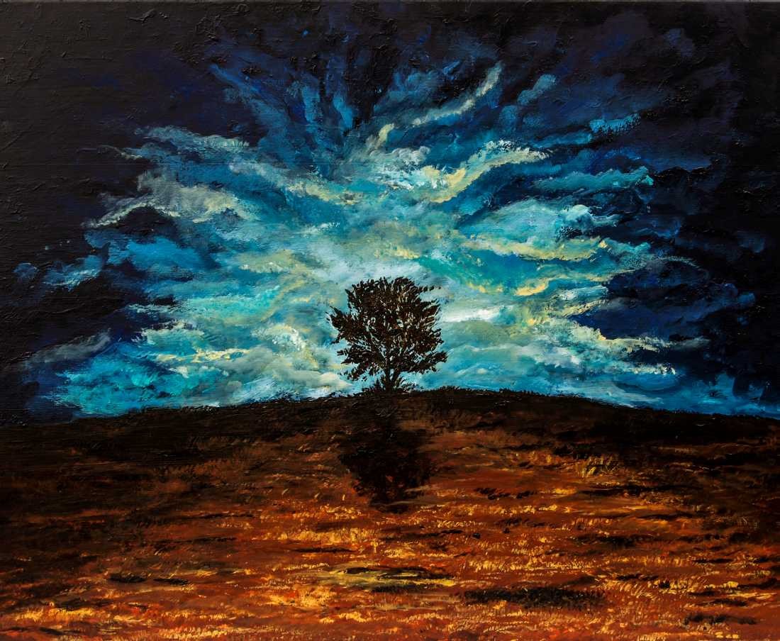 Conny Krakowski, Erinnerung (Surrealismus, Traum, Magie, Esoterik, Baum, Traumbaum,Lebensbaum,Geburt,Leben,Sterben,Wege, Lebensweg, Phantasie,Fantasie,Realismus,Malerei,Gemläde,detaiiert,Traumbild,Traumlandschaft,Landschaftsmalerei,Träumerei,Wasserfall,Berge,Wolken,)